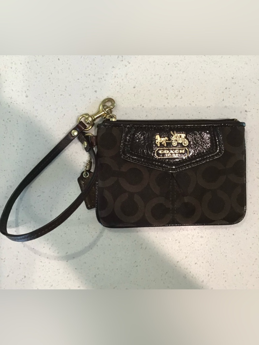 Coach Brown Signature 'C' Canvas Wristlet with Gold Accent